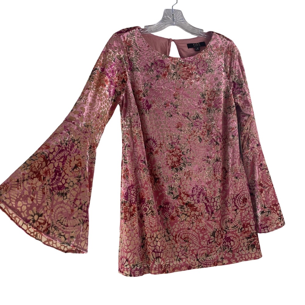 Alex Marie Floral‎ Burnout Velvet Bell Sleeve Tunic Top M Pink Boho Fairy New